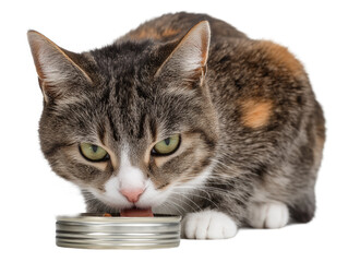 Pet cat isolated, adult cat eating canned cat food, wet cat food, adorable cat close-up portrait, isolated on a transparent background, professional pet photography, pet food advertising concept