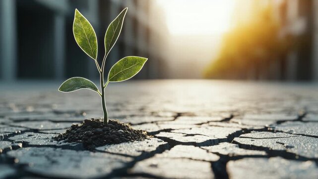 Resilience meets hope single green sprouts journey of life and growth, emerging from dry cracked earth