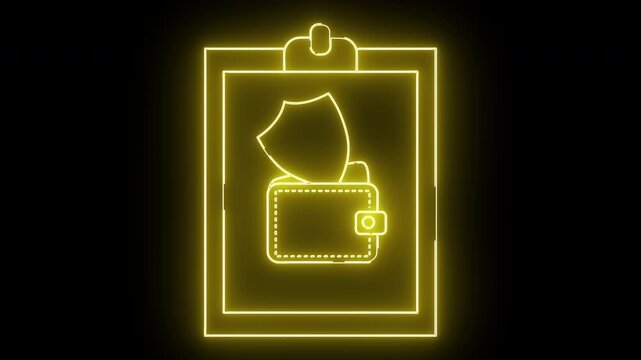 Neon clipboard displays a shield over a wallet all glowing in yellow on a black background