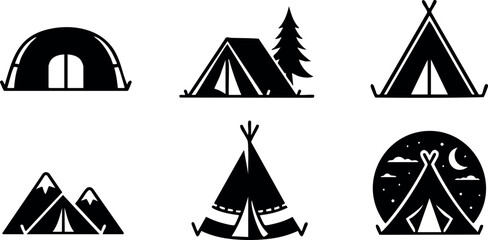Camping tent icons with mountains and night moon vector illustration set 