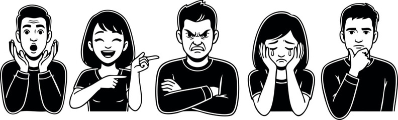 Diverse human emotions facial expressions vector illustration in black and white style 