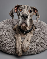 Studio shot of an adorable Great Dane lying on a grey soft pillow.