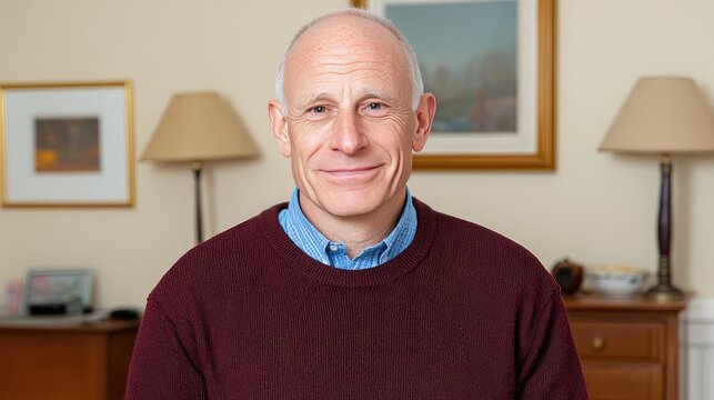 Happy senior man in maroon sweater smiling warmly in cozy living room with soft lighting and charming home decor - Powered by Adobe
