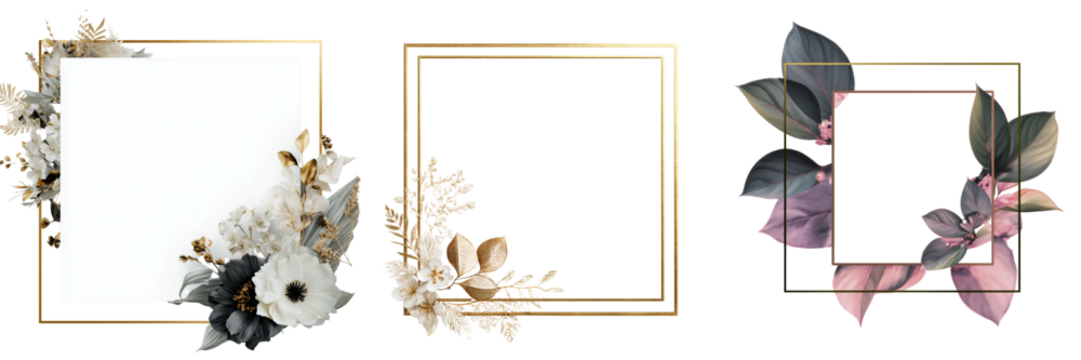 Set of Colorful floral bouquet with elegant leaves, watercolor style, soft botanical elements, delicate wedding invitation layout on transparent png background. Ai generated - Powered by Adobe