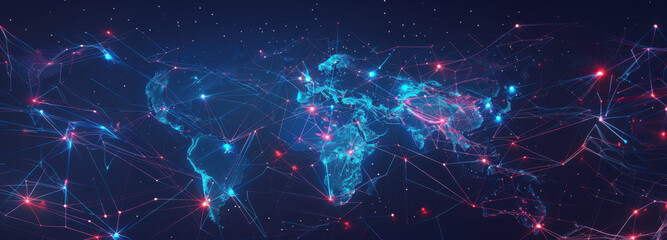 Global Digital Web: A glowing digital representation of the world map with interconnected data points, highlighting global connectivity and the network of digital exchange.