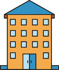 Naklejka premium A simple cartoon illustration of a multi story apartment building with a blue roof and orange walls isolated on transparent background