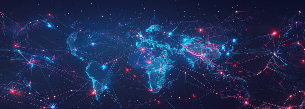 Global Digital Web: A glowing digital representation of the world map with interconnected data points, highlighting global connectivity and the network of digital exchange.