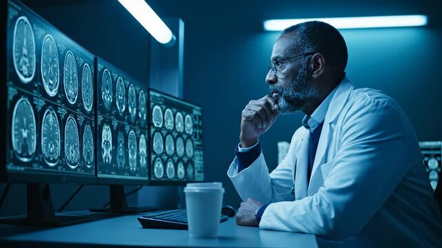 Doctor examining brain mri scan. Radiologist physician performs analysis. Findings inform diagnosis. Clinical healthcare environment with focused professional. Calm blue reading room conveys focus.