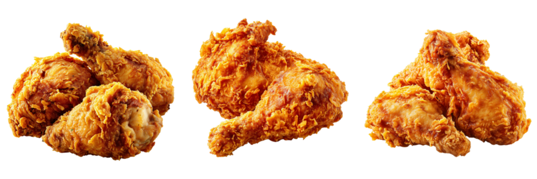 Set of Crispy golden breaded chicken pieces stacked perfectly, white seamless background, high-end food photography, black serving plate on transparent png background. Ai generated