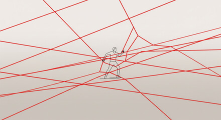 A conceptual illustration of a figure maneuvering through a maze of security lasers, symbolizing strategy and overcoming complex challenges