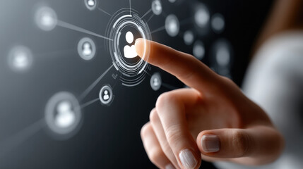 “Hand touching digital interface with network connection, futuristic technology, innovation, communication, business, modern”