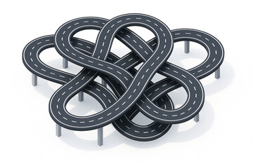 tangled elevated highway forming a knot-like structure, representing confusion, complexity, or traffic chaos. Isometric Generative ai raster colorful illustration.