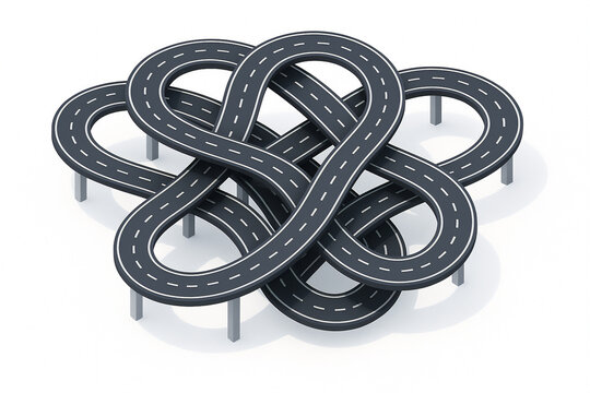 Fototapeta tangled elevated highway forming a knot-like structure, representing confusion, complexity, or traffic chaos. Isometric Generative ai raster colorful illustration.