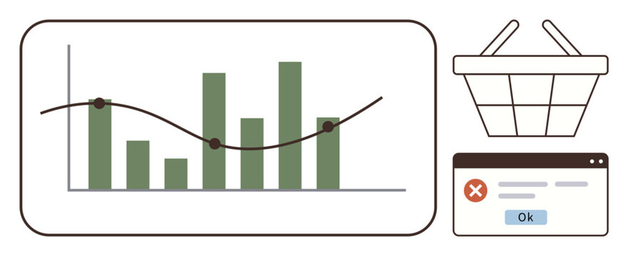 Bar chart with data points, shopping basket icon, error message in browser tab. Ideal for business, e-commerce, sales, analytics, online shopping error handling digital trends. Simple flat metaphor