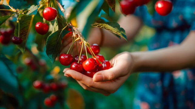 Close-up of hands gently picking ripe red cherries from a lush tree branch in a sunny orchard.