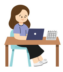 Woman working on a laptop in a work. Working hand drawn clipart elements for graphic, presentation
