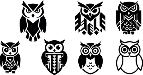 Stylized black and white owl vector icons in simple geometric shapes for design use 