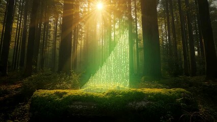 Mysterious Glowing Green Binary Code Waterfall in Sunlit Forest with Golden Rays - Powered by Adobe