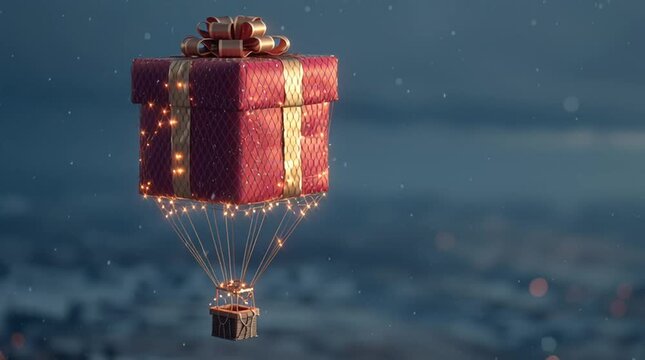 Highly realistic red cube-shaped hot air balloon designed as wrapped Christmas gift with golden ribbons and glowing fairy lights flying above blurred snowy landscape at dusk