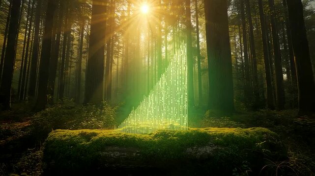 Mysterious Glowing Green Binary Code Waterfall in Sunlit Forest with Golden Rays