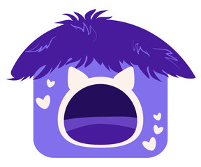 Doghouse with fur roof and heart decor. Vector blue pet bed with soft cushion. Cozy enclosed bed for dogs and cats. Isolated realistic drawing for pet stores, pet supplies, and animal design.