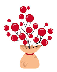 Branch with red round berries is packed in burlap bag. Vector isolated festive bouquet. Bright branch in fabric packaging is tied with ribbon. Simple, minimalist design