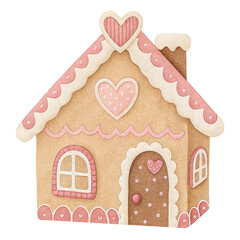 Watercolor pink gingerbread house illustration