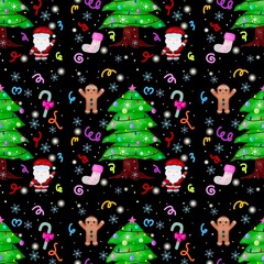 Seamless Christmas pattern with colorful rainbow Christmas trees on black background. Festive and modern holiday design for fabric, wrapping paper, and digital prints.
