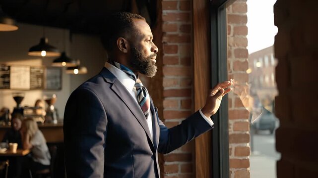 man in suit with beard stands by window watching city skyline. sunlight fills interior and spills across table with coffee. gaze directed outward toward urban street. light catches glass and brick.