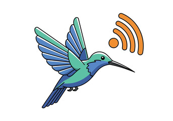 Obraz premium A stylized illustration of a hummingbird with wings spread, emitting a Wi-Fi signal from its beak.