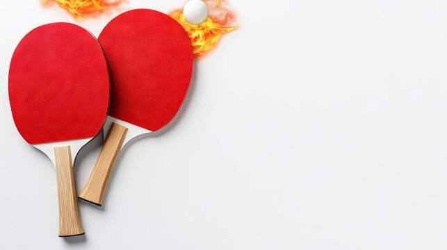 Two table tennis paddles and a ball engulfed in flames set against a plain white background creating a striking visual contrast