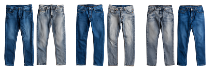 Set of Raven-colored jeans for tall men, 36L inseam, svelte fit on transparent png background. Ai generated