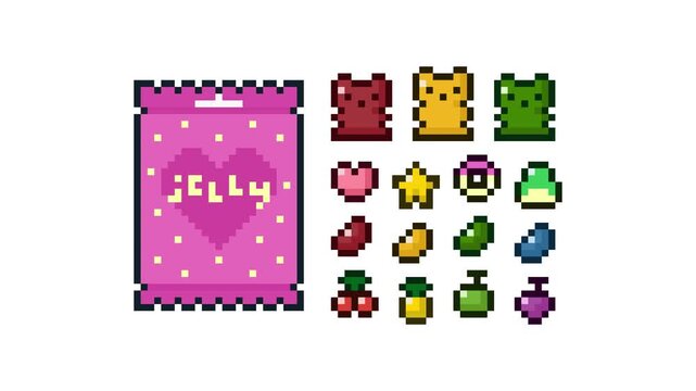 8-bit pixel art cute pink jelly bags and assorted jelly shapes set. looped animation 4k 30fps