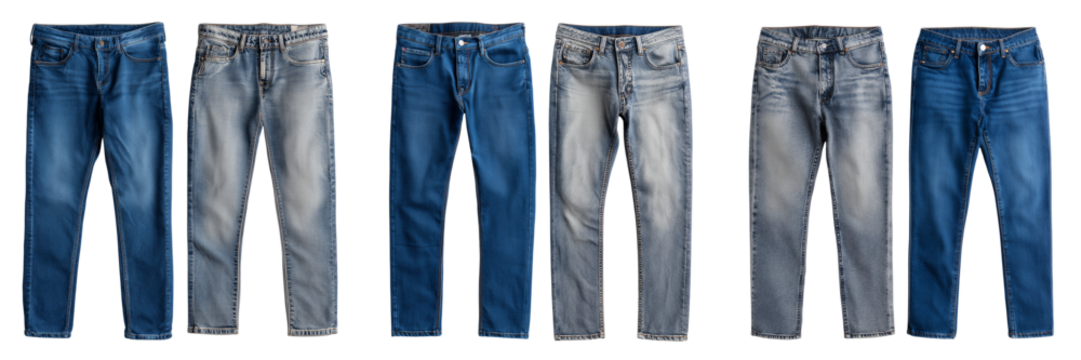 Set of Raven-colored jeans for tall men, 36L inseam, svelte fit on transparent png background. Ai generated - Powered by Adobe