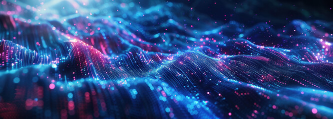 Digital Landscape: An abstract digital landscape surges with energy, showcasing glowing lines and dynamic textures. A vision of data and innovation.