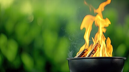 Open grill with vibrant flames and smoke in backyard garden on sunny summer day, perfect for outdoor cooking and gatherings