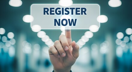 A finger presses a glowing button with the words register now in a blurred background of lights