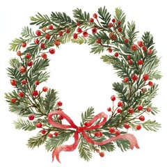 Fototapeta premium Festive watercolor wreath illustration.