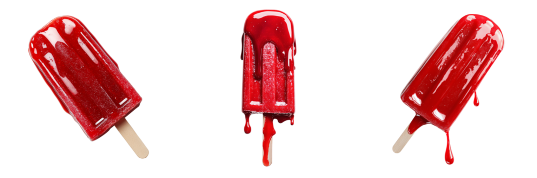 Set of Single red fruit popsicle standing upright on white background, crisp focus, condensation, food styling, minimalist composition on transparent png background. Ai generated - Powered by Adobe