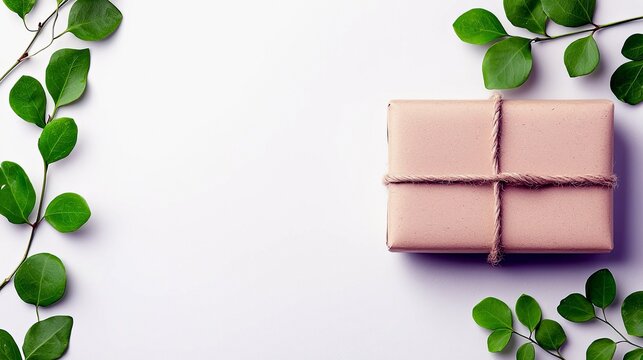 A simple gift box wrapped in brown paper and tied with twine is framed by lush green leaves on a clean white surface.