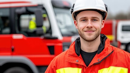 Fototapeta premium Handsome firefighter in uniform smiling near red fire truck ready for action during a sunny day at the fire station