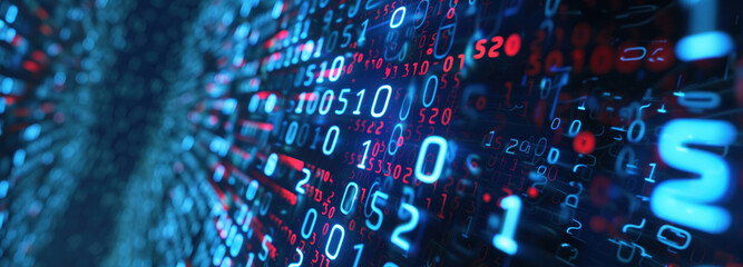 Digital Data Flow: A captivating display of binary code, illuminating the complex world of information and technology with a modern aesthetic, with a cool blue hue.