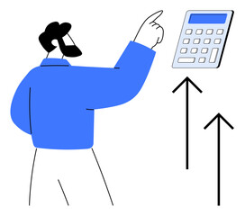 Man gestures towards a floating calculator, accompanied by rising arrows. Ideal for finance, accounting, business growth, productivity, education, analytics career ambitions. Simple flat metaphor