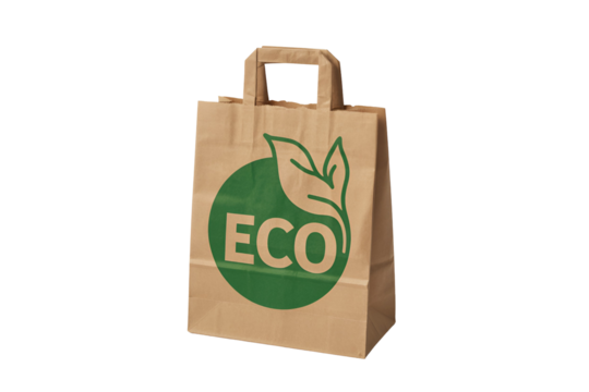 Brown paper shopping bag with green eco logo isolated on transparent background