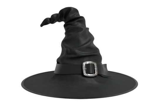 Black witch hat with buckle isolated on transparent background