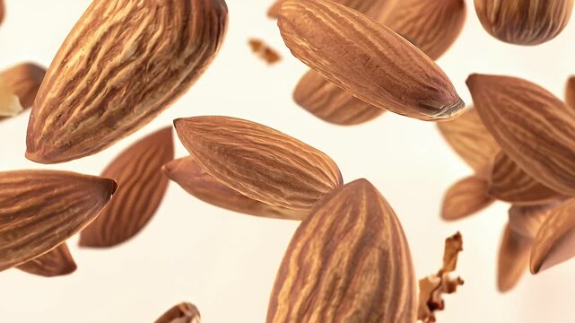 Macro shot of brown almonds with shells and kernels suspended in mid-air against a pale background