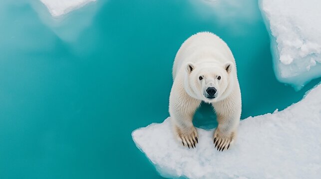 Polar bear standing alone on small melting ice floe in vast Arctic Ocean surrounded by blue water.