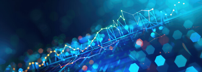 Data Visualization: Abstract digital landscape with connected nodes, lines, and glowing particles suggesting interconnectedness, and information flow. The visual portrays growth. 