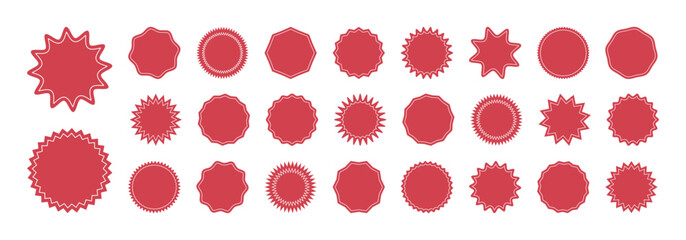 Star sticker icon, circle badge tag, promotion offer label. Round bubble, sale price seal. Sun shape set, red star burst, discount special stamp isolated on white background. Vector illustration