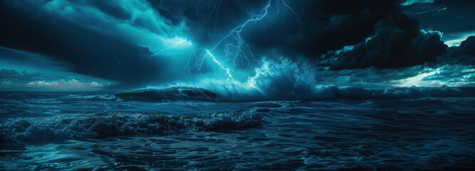  Tempestuous Ocean Under Lightning's Fury: The raw power of nature unfolds as bolts of lightning illuminate a tempestuous ocean, creating a dramatic interplay of light and shadow.